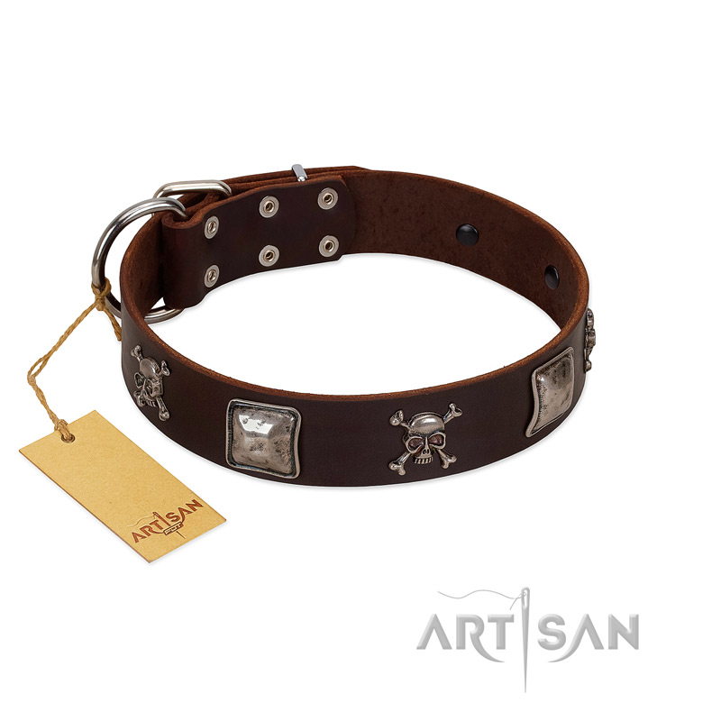"Nut-Brown Finery" Embellished FDT Artisan Brown Leather Golden Retriever Collar with Chrome Plated Crossbones and Plates - Click Image to Close