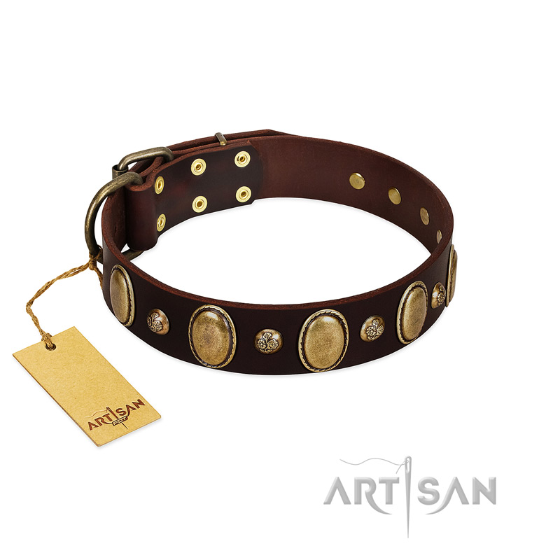"Natural Grace" FDT Artisan Handmade Decorated Brown Leather Golden Retriever Collar