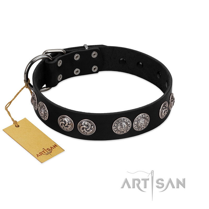 "Magic Amulete" Handcrafted FDT Artisan Black Leather Golden Retriever Collar with Chrome-Plated Shields