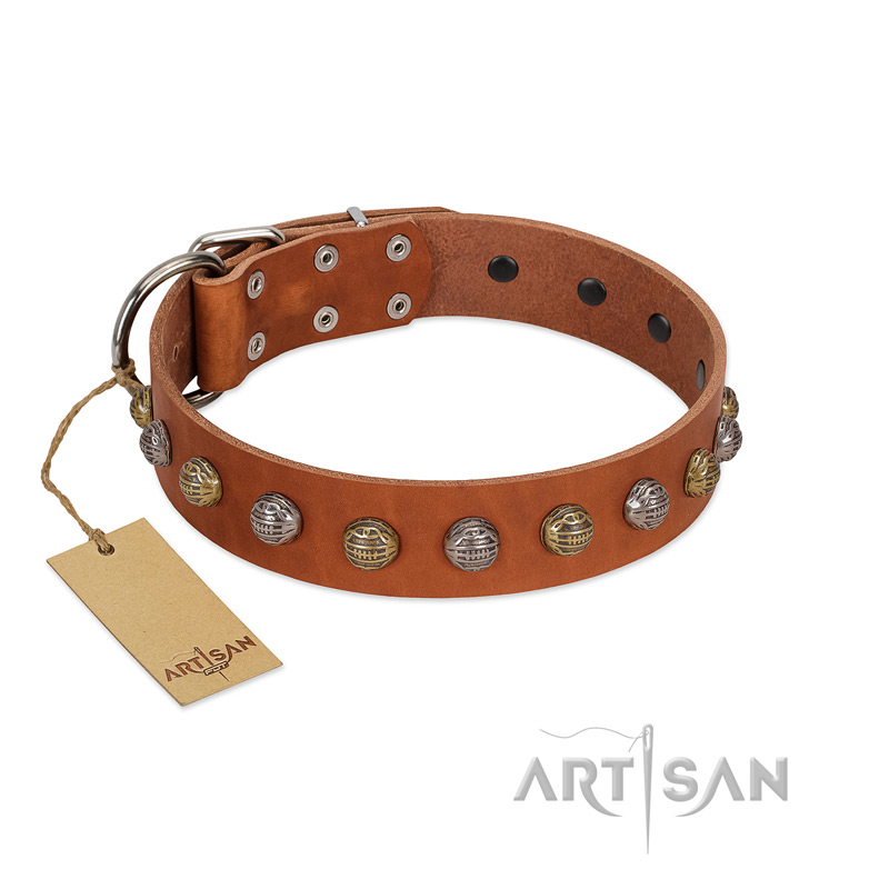 "Dogue-Vogue" FDT Artisan Tan Leather Golden Retriever Collar with Engraved Chrome-plated Studs