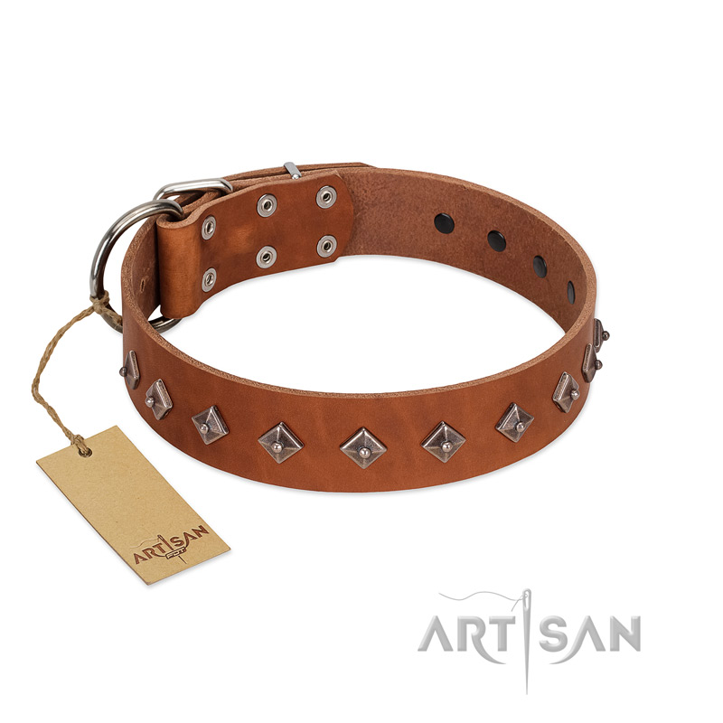 "Broadway" Handmade FDT Artisan Tan Leather Golden Retriever Collar with Dotted Pyramids