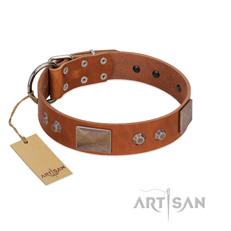"Great Obelisk" Handcrafted FDT Artisan Tan Leather Golden Retriever Collar with Large Plates and Pyramids