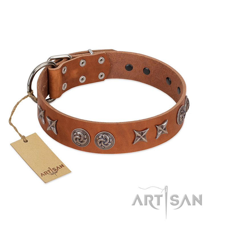 "Brave Spirit" Handmade FDT Artisan Designer Tan Leather Golden Retriever Collar with Shields