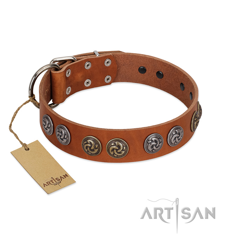 "Luxurious Life" Premium Quality FDT Artisan Tan Leather Golden Retriever Collar with Round Adornments