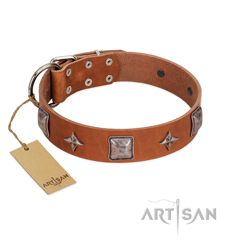 "Lucky Star" FDT Artisan Tan Leather Golden Retriever Collar with Silver-Like Embellishments