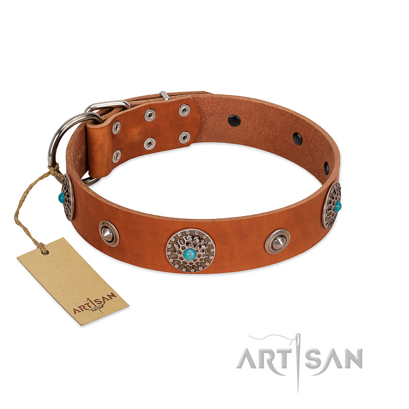 "Marine Antiques" Handmade FDT Artisan Tan Leather Golden Retriever Collar with Blue Stones