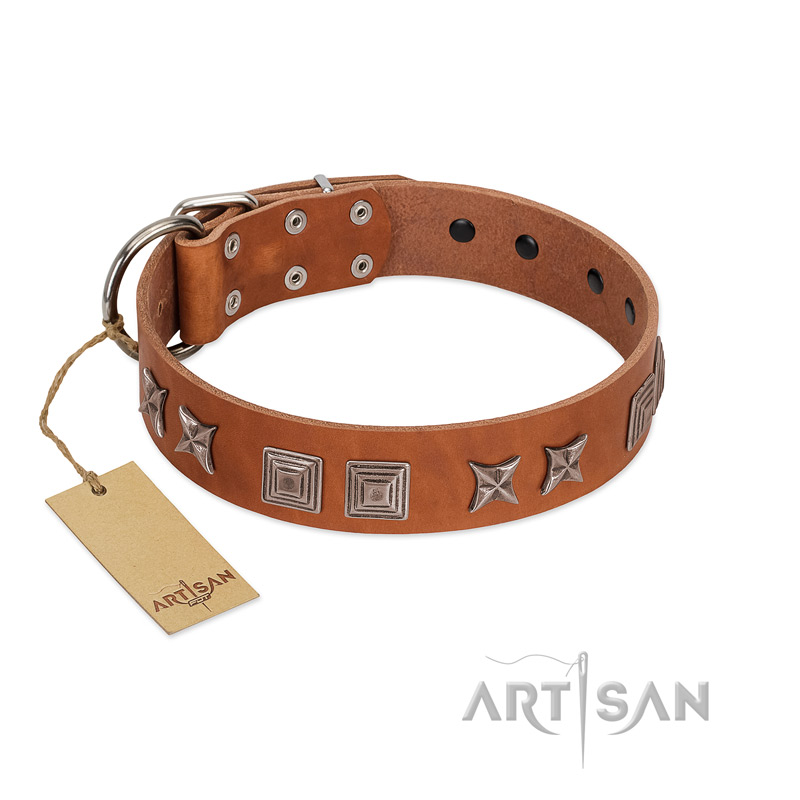 "Antique Figures" FDT Artisan Tan Leather Golden Retriever Collar with Silver-like Engraved Plates
