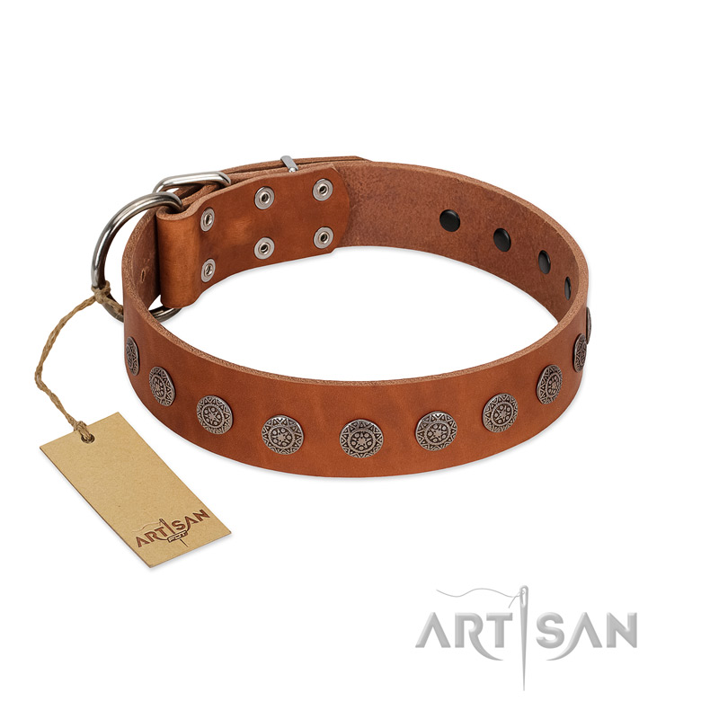 "Lucky Star" Handmade FDT Artisan Designer Tan Leather Golden Retriever Collar with Round Plates - Click Image to Close