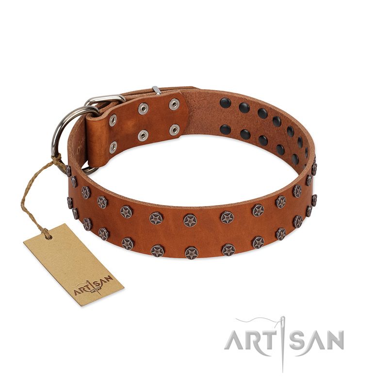 "Star Light" Stylish FDT Artisan Tan Leather Golden Retriever Collar with Silver-Like Studs