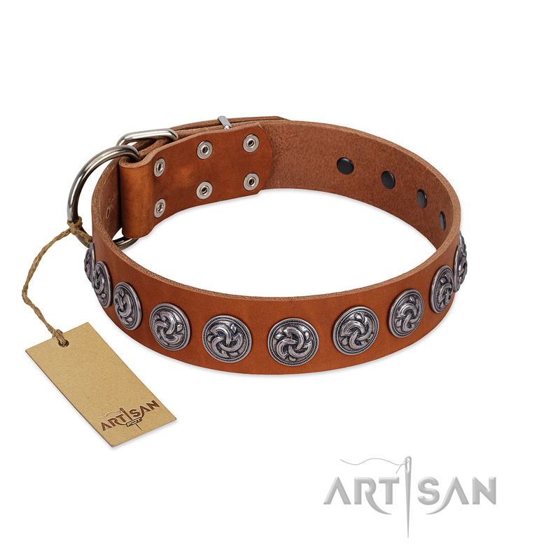 "Velvet Kiss" Handmade FDT Artisan Tan Leather Golden Retriever Collar with Vintage Medallions