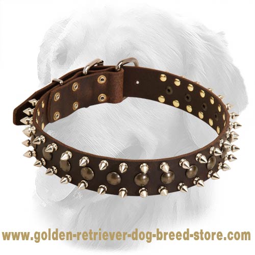 Great Leather Collar With 3 Rows Of Studs And Spikes